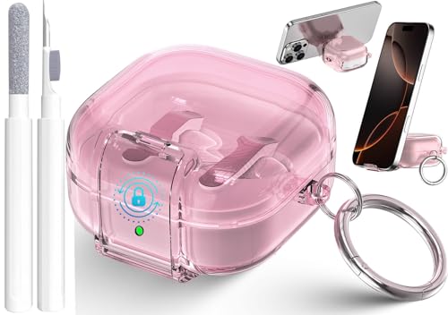 Compatible with Samsung Galaxy Bud 4 Pro Case/Buds4 Case Clear Lock Clip with Phone Stand + Cleaner Kit Transparent TPU Galaxy Buds Pro 4 2026 Protective Cover Men Women with Carabiner Clear Pink