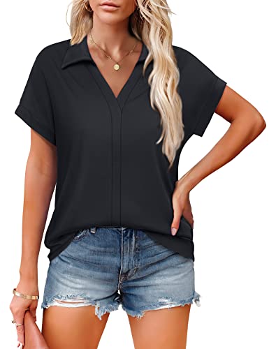 Vivilli Black Polo Shirt Women Short Sleeve Work Blouse 2021 Fashion Lapel Tops For Women Casual Collared Tunic Shirts For Leggings Tops For Summer Polo Blouse Tee Shirts Black Medium #TOP1