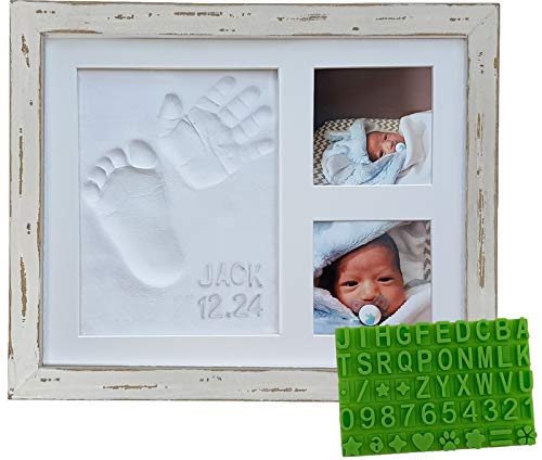 Image of Baby Mushroom Farmhouse Baby Hand & Footprint Picture Frame Keepsake Kit - Rustic 9" x 11" Distressed Wood Frame, Clay, & Stencil for Newborns, New Mom, Registry Gift