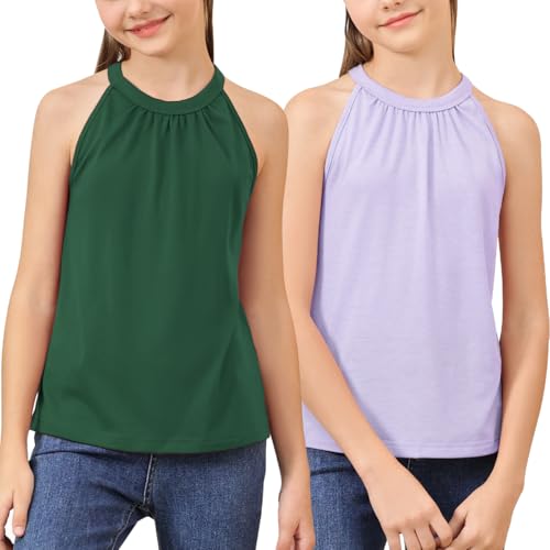 Image of GORLYA 2 Pack Girls Halter Neck Summer Sleeveless Shirt Multipacks Casual Curvy Tank Tops for 6-14Y