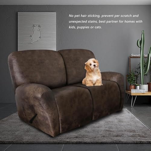 Image of molasofa Loveseat Recliner Slipcover Large Size Oversized - 6 Pieces Stretch Leather Like Recliner Sofa Cover for 2 Seat Dual Reclining Loveseat (Dark Brown)