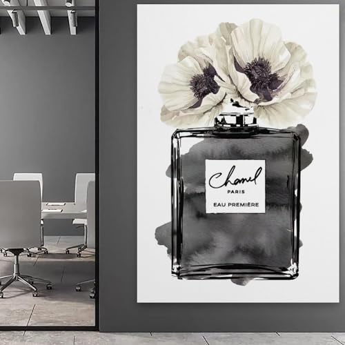 Image of BanLaArt Fashion Perfume Bottle Black With Grey & White Poppy Canvas Print Poster Decorative Painting Canvas Wall Art Picture Print Modern Family Bedroom Decor 08x12inch(20x30cm), style-3