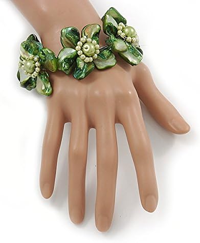 Avalaya Stunning Green Shell, Faux Pearl Bead Floral Flex Cuff Bracelet - 18cm L, olive, green - Image 3