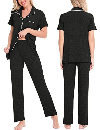Image of SWOMOG Women Pajama Sets Two-Piece Nightwear Short Sleeve Sleepwear Button Down Pj Lounge Sets with Long Pants