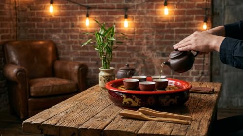Image of Liang baobao Porcelain Tea Tray, Double-Layer Ceramic Tray with Water Storage Circular for Tea Coffee Serving Table (12 inch Dragon red)