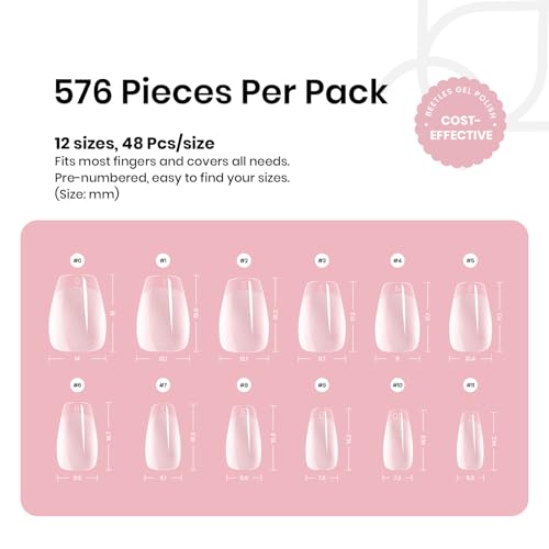 Image of Beetles Gel Nail Tips Extra Short Coffin 576Pcs 12 Sizes - Pre-Etched Shaped Half Matte Soft Nail Tips Press On Nails Full Cover False Nails Acrylic Fake Nail Extension Kit Gift for Women