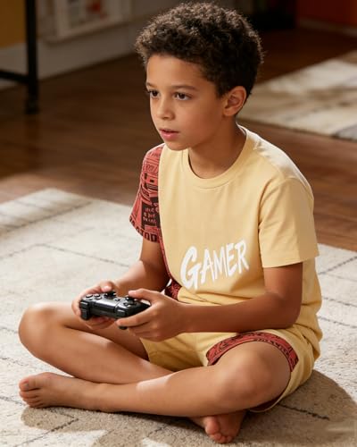 Image of OLMRJKD Boys 2 Piece Outfits Short Sleeve Colorblock T-shirt and Shorts Summer Casual Clothes for 6-12 Years