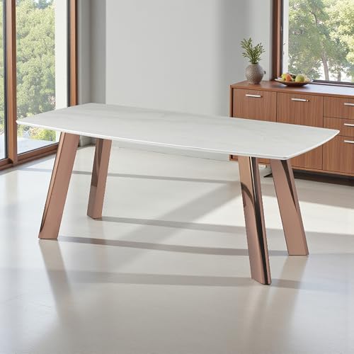 Image of The Attic Rose Luxe Dining Table, White Marble Top, Polished Rose Gold Metal Legs, 6 Seater Dining Table for Elegant Homes & Restaurants