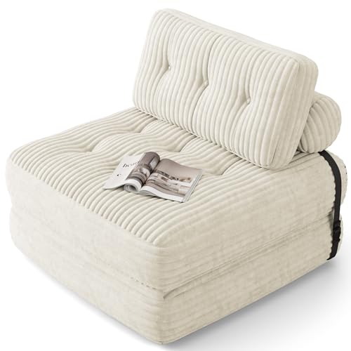 Xbro Sofá Cama Plegable con Respaldo Reclinable, Sillón Convertible en Cama 2 en 1 Portátil para Espacios Pequeños, Tela de Pana con Relleno de Espuma, 170 x 85 cm Desplegado (Blanco)