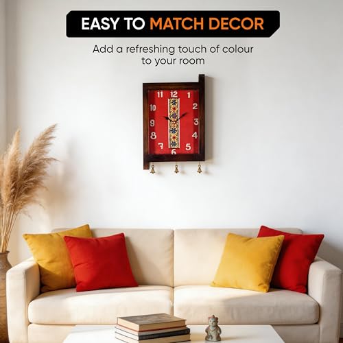 Image of AAKRITI ART CREATIONS Timeless Treasures Wall Clock Brown | Wall Clock for Home, Home Decoration | Floral Art Wall Hanging Wall Clock, Lightweight Teak Wood wall Decor | Glossy Finish