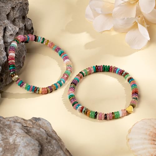 2 PCS Boho Beaded Stretch Bracelets for Women Natrue Stone Beads Gold-color Plated Heart Charm Surfer Bracelets Summer Beach Handmade Jewelry3