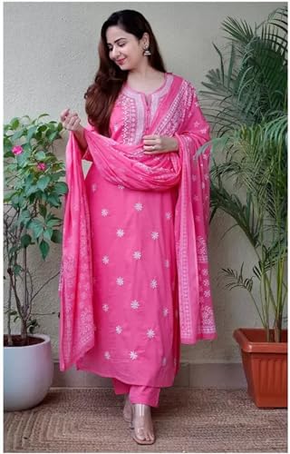 Image of BHARVITA Women's Cotton Embroidered Chikankari Work Straight Kurta Dupatta Pant Set
