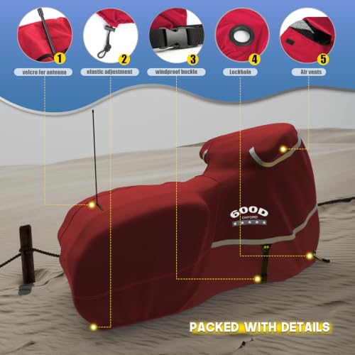 Image of Motorcycle Cover with Side Box Heavy Duty 600D Waterproof for Touring Models Harley Davidson Road King,Road Glide,Street Glide, Electra Glide,Low Rider-ST Indoor & Outdoor Storage Red