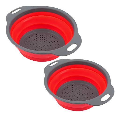 2pcs Set Collapsible Colander Silicone Round Kitchen Strainer Draining Basket for Pasta Vegetable FruitRed