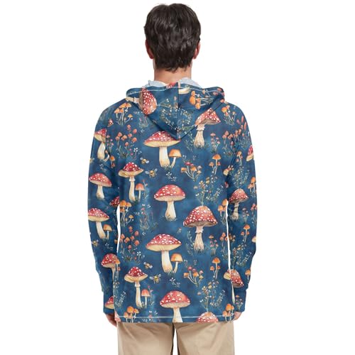 Wudan Red Mushrooms Royal Blue Mens Hoodies Shirts Long Sleeve Sailing Rash Guard UPF 50+ Sport Shirt S3