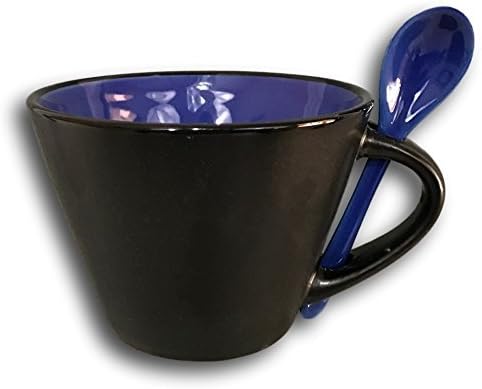 Sino Singware Contemporary Soup Coffee Tea Two Tone Ceramic Mug Cup with Attaching Spoon Handle 12 oz (Blue)