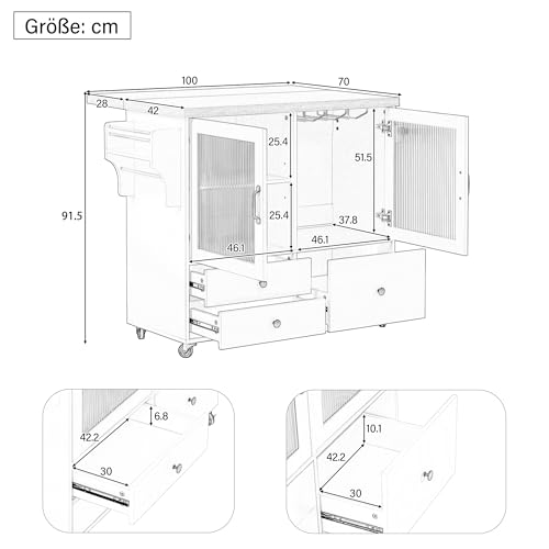 HMHKHN Isla de cocina móvil, carrito de cocina, mesa de comedor extensible, armario de buffet, armario de cocina con ruedas, soporte para copas de vino y espacio de almacenamiento, para cocina - imagen 2