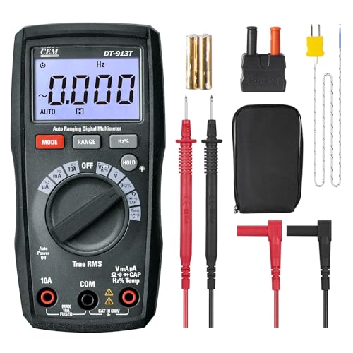 Image of CEM DT-913T Digital Multimeter TRMS 4000 Counts Voltmeter Auto-Ranging Fast Accurately Measures LCD Display Voltage Current Amp Resistance Diodes Continuity for Automotive