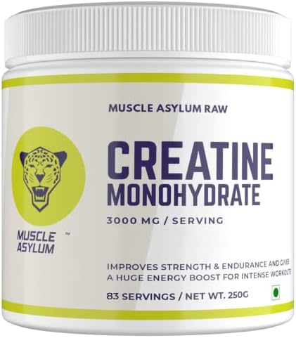 Muscle Asylum Raw Creatine Monohydrate Powder 250g | 3000mg Per Serving | Micronized Creatine for Muscle Strength, Energy & Endurance | Pre & Post Workout Supplement for Men & Women | Gym & Fitness Performance Booster | 83 Servings | Unflavoured Creatine Powder for Lean Muscle Recovery & High Intensity Training
