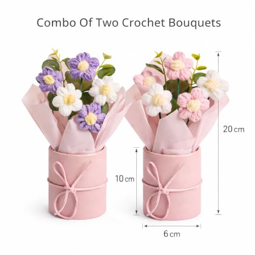 Image of Set of 2 Pink & Purple Crochet Flower Bouquet - Handmade Mini Knitted Daisy Flowers| Flowers for Home Decor, Desk Decor, Birthday