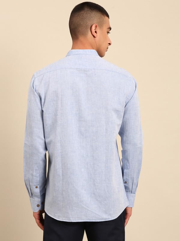Image of Cavallo by Linen Club Men's Blended Linen Blue Solid Contemporary Fit Full Sleeve Casual Shirt