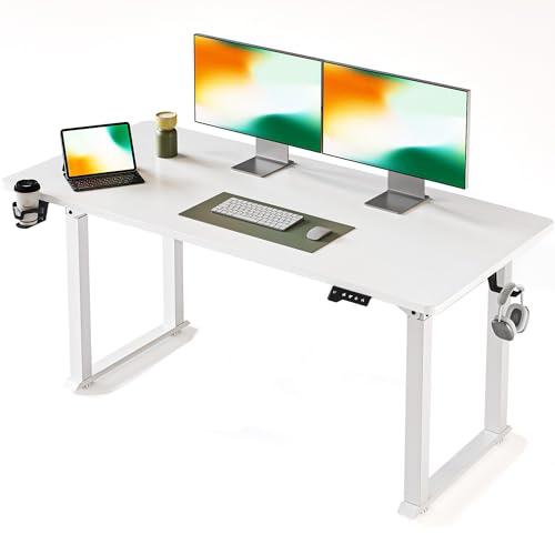 FEZIBO Standing Desk 4 Legs with Dual Motors, 63x29 Electric Standing Desk Adjustable Height with Strong Stability, Stand up Desk with Whole-Piece Tabletop, White（2 Packeges）