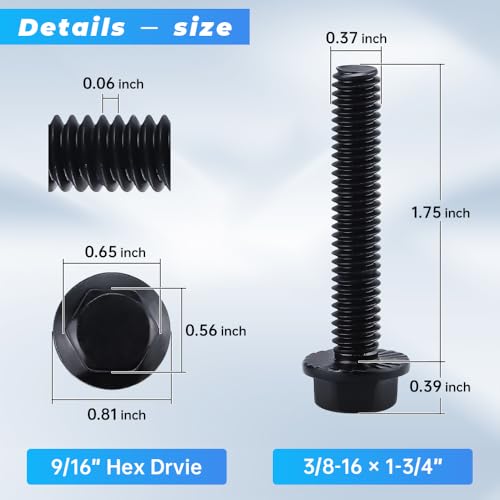 Image of Glvaner 3 /8-16 x 1-3 /4 inch (10 pcs) Stainless Steel Serrated Flanged Hex Head Bolts Bolts, 18-8 (304) Stainless Steel, Full Thread, Black Coated