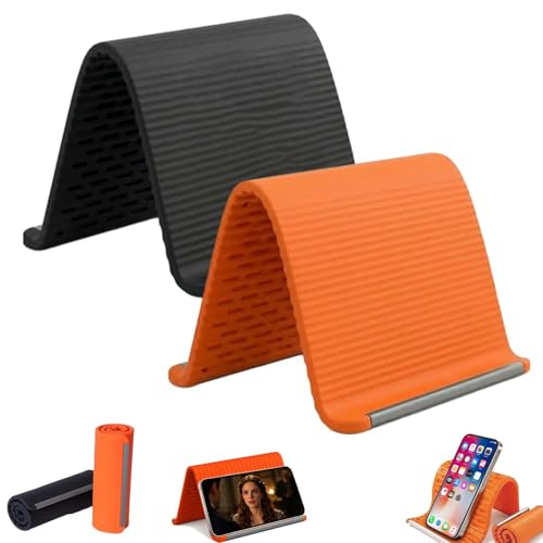 sprsum 2Pcs Silicone Phone Stand with Aluminum Flexible Foldable Phone Holder Universal Adjustable Anti-Slip Desktop Mount for Phone Tablet Laptop (Orange + Black)