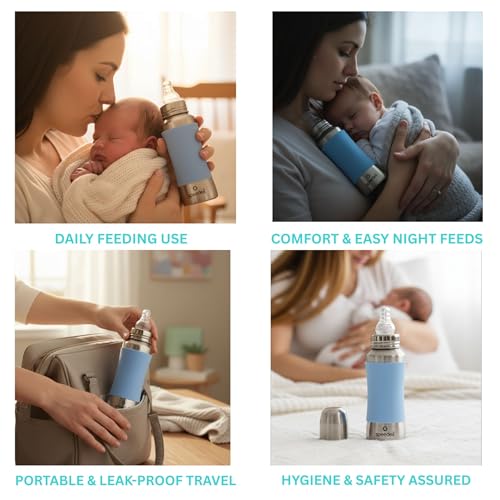 Image of SPEEDEX Stainless Steel Baby Feeding Bottle 240 ml with Blue Silicone Grip & Internal ML Marking | BPA & Plastic Free | Anti-Colic Silicone Nipple | 304 Grade Steel Infant Milk Bottle | Leak Resistant (240ml)