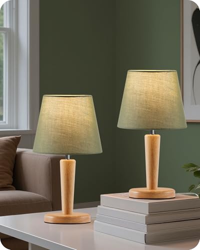 Lámpara de mesa pequeña de madera, pack x2 con pantalla verde