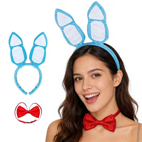 MORTICIA 2Pcs Easter Bunny Costume Accessories Set with Rabbit Ears Headband and Red Bow Tie for Halloween Cosplay Party (blue)