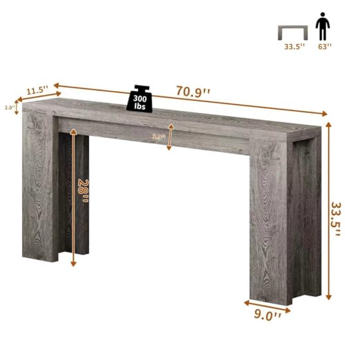 70.9 Inch Extra Long Console Table, Farmhouse Entryway Table with Thickened Base, Wood Sofa Table Behind Couch Table, Narrow Entry Way Accent Table for Living Room, Hallway, Entrance, Foyer, Grey