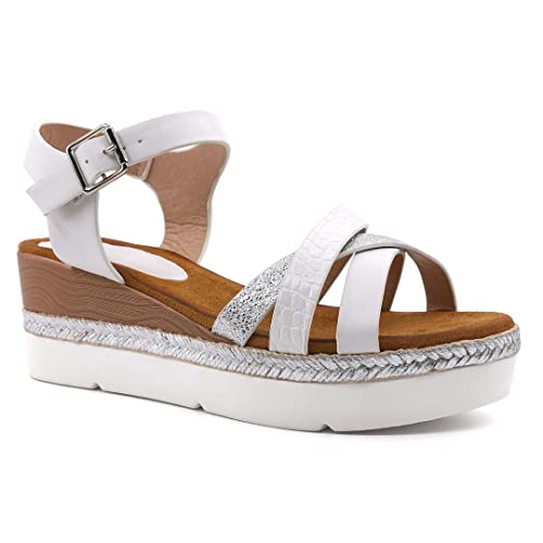 Angkorly - Chaussure Mode Sandale Nu-Pieds Confortable lanière Cheville Plateforme Femme Effet Peau de Serpent Python Corde métallique Talon Compensé 6 CM - Blanc 11 - W83 T 40 Cover