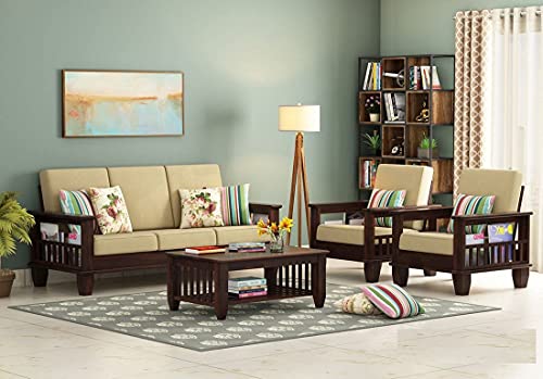 Image of Solid Sheesham Wood 5 Seater Sofa Set for Living Room Hall Office Hotel Wooden 3+1+1 Seater Sofa Furniture (Walnut Finish)