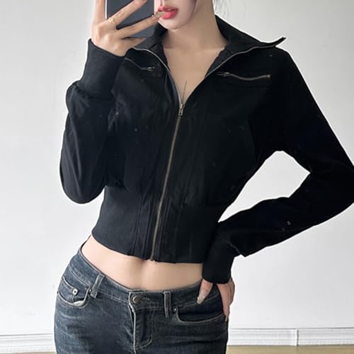 Womens Bomber Jacket Y2k Lapel Long Sleeve Cropped Light Jacket Zip Up Cargo Jacket Fall Coat 90s Streetwear3