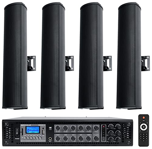 Rockville Bundle: RCS350-6 350W 6-Zone 70V Amp w/Bluetooth & Wet Array 4 Black Speakers, IP55 Wall Mount, 2-Way Line Array for Restaurant, Church, Auditorium, Indoor/Outdoor Use (5 Item)