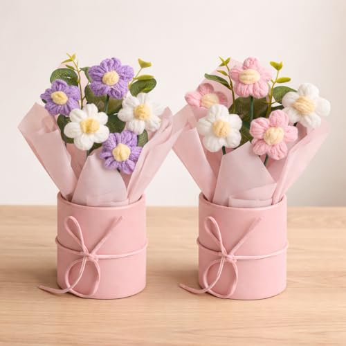 Image of Set of 2 Pink & Purple Crochet Flower Bouquet - Handmade Mini Knitted Daisy Flowers| Flowers for Home Decor, Desk Decor, Birthday