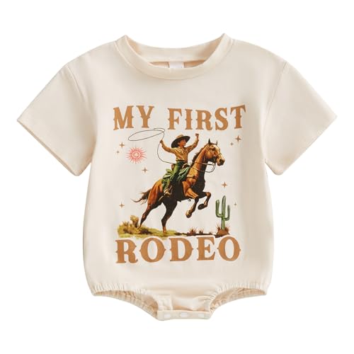FIOMVA Baby Girl Boy Western Outfit Infant My First Roder Cowgirl Cowboy Romper Newborn Bodysuit Toddler Summer Clothes (C My First Roder Beige, 6-12 Months)