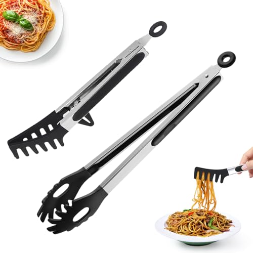 JNEYVIC 2 Stück Spaghettizange Nudelzange mit Silikonspitzen Edelstahl Küchenzange Grillzange 30,5cm/22,9cm Kochzange Fleischzange Silikon Servierzange Schwarz Küchen Zangen für Kochen Spaghetti Salat