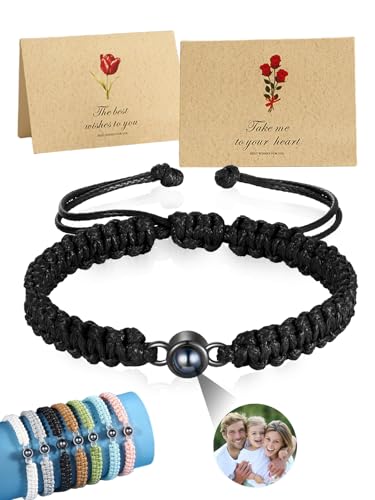 AAQ Custom Photo Bracelet for Women Men Personalised Projection Bracelet with Picture Inside Memorial Photo Gifts for Couple Anniversary Valentines Day (02-Round)