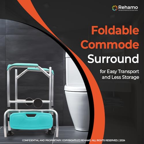 Image of Rehamo Commode Frame, for Elderly & Pregnant Women| Foldable Portable Commode Surround with Adjustable Height, and Width | Easy Mobility | Anti Slip Support | Universal Size | 1 year Warranty