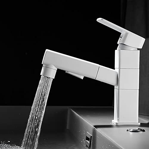 Robinet de lavabo avec douchette extractible pivotant blanc pour un nettoyage facile