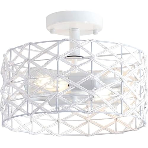 UQVUFIYJ Lámpara de Techo semiempotrada Hecha a Mano con Cuerda de cáñamo, Pantalla de Metal Redonda for Interiores, Base E26, iluminación cercana al Techo, lámpara de Pared Creativa y Sencilla.