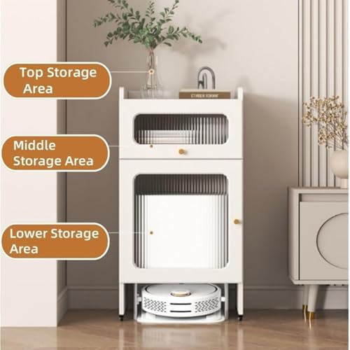 Smart Robot Vacuum Storage Cabinet, Self-Emptying Sweeper Rack with Tempered Glass Door, Compact Organizer for Living Room – Stylish White Design, Space-Saving Solution