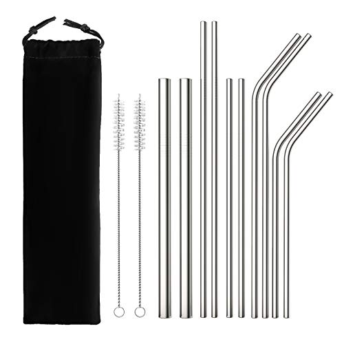 MIU COLOR Pailles INOX 10 Pcs Paille Réutilisables en Acier Inoxydable pour Boissons, Café, Cocktails,Milk-Shake, avec 2 Brosses et Sac de Rangement