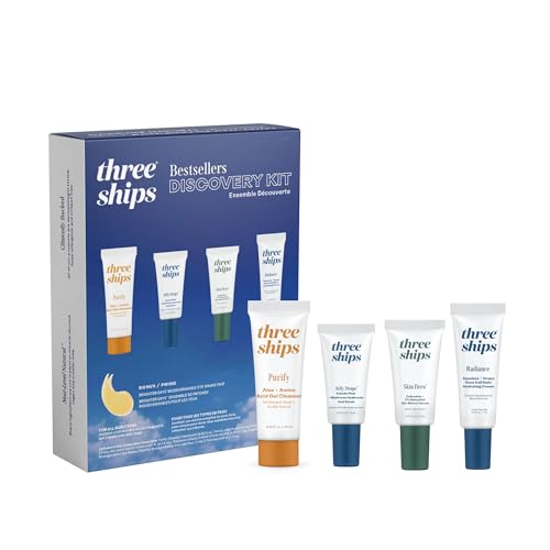 Three Ships - Discovery Beauty Skincare Kit | Purify Gel Cleanser (10mL), Jelly Drops Serum (5mL), Skin Hero Serum (5mL), Radiance Hydrating Cream (7g)