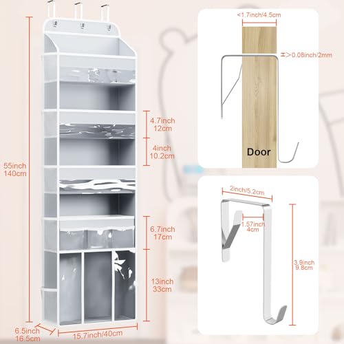 OneDream Over the Door Organizer for Nursery, 5-Tier Baby Clothes Organizer with Removable Storage Caddy, Hanging Behind Door Storage with Clear Pockets and Side Mesh Compartments, Grey