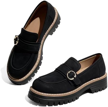 Women's Black Platform Loafers with Lug Sole Chunky Heels Penny Loafer Comfortable Slip On Office Business Casual Dress Shoes