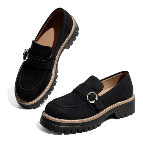 Women's Black Platform Loafers with Lug Sole Chunky Heels Penny Loafer Comfortable Slip On Office Business Casual Dress Shoes-image-46