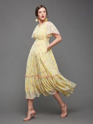 Image of Miss Chase Women's Multicolored-Base-Brown Relaxed Fit Maxi Lurex Chiffon Dress